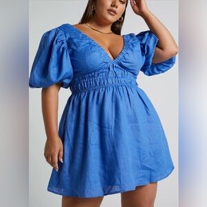 Puff Sleeve Plunge Mini Linen Dress (Magenta)